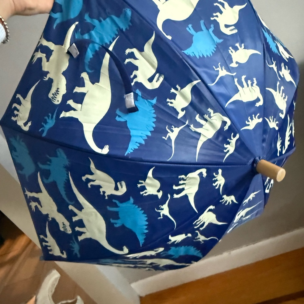Hatley Kids Dinosaur Umbrella Blue Wooden Handle Manual Open Rain Umbrella